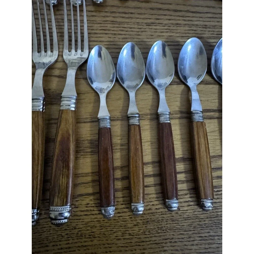 SCOF Mariposa France Recamier Teak Flatware Silverware Set 30 Pc Service For 6